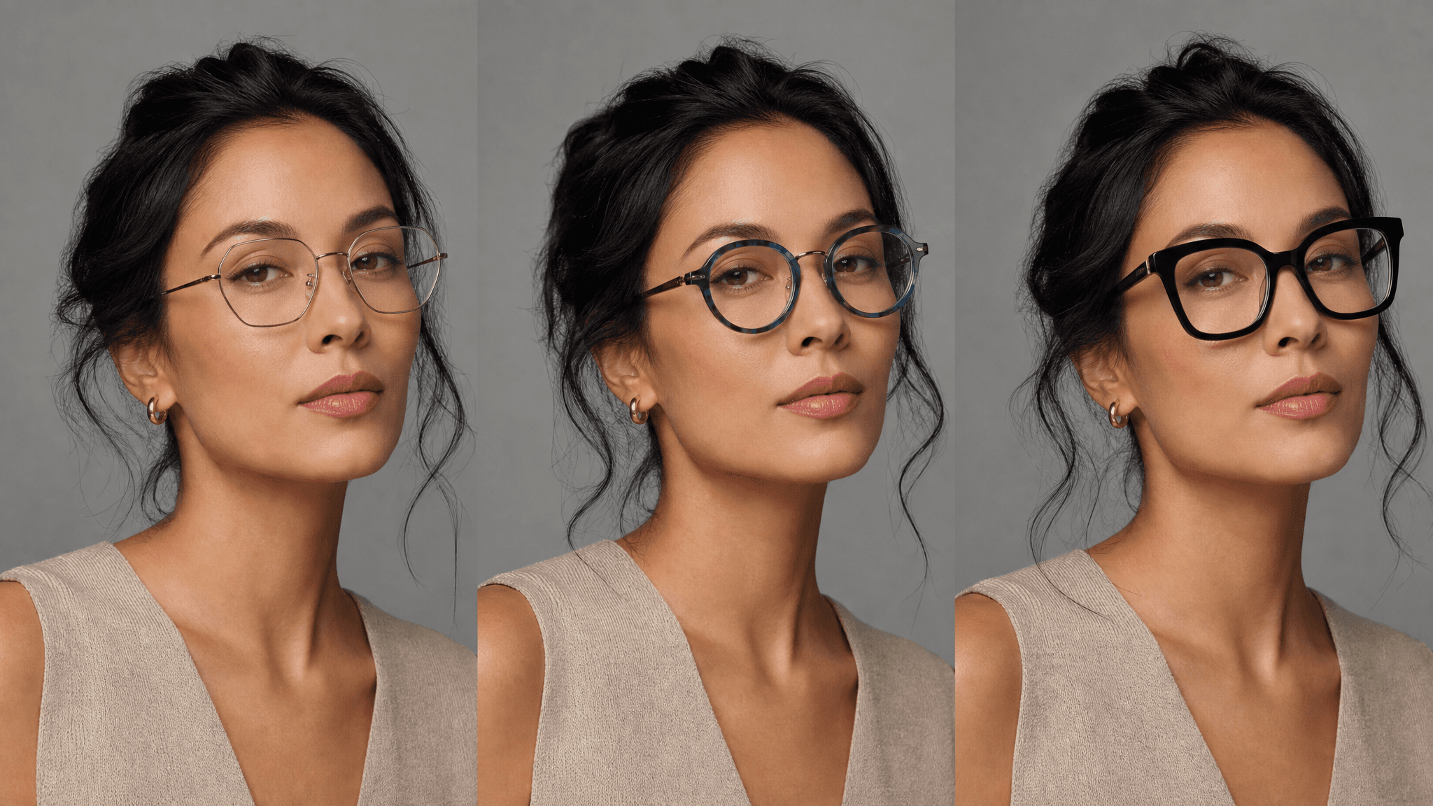 One face shown wearing three different frame styles