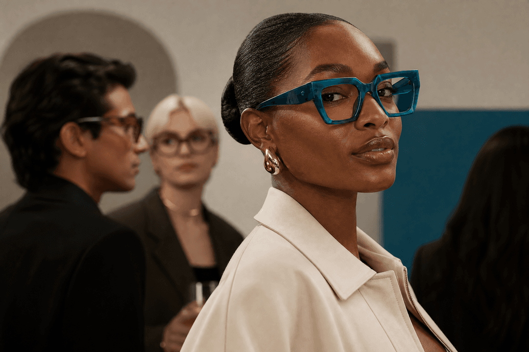 Person wearing bold statement frames